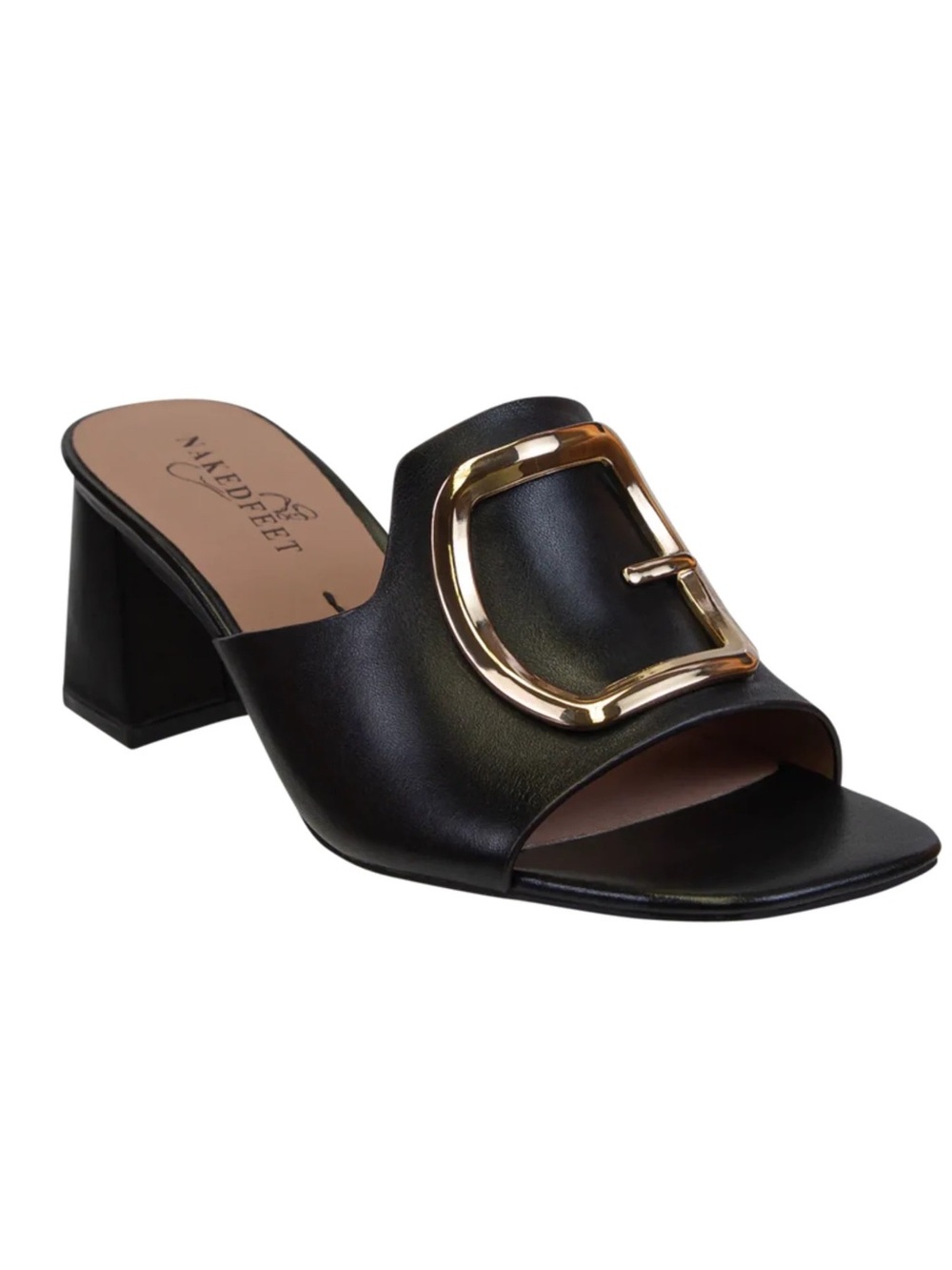 NAKED FEET Black Leather Slides Chunky Heel Metal Buckle Detail Chic Trendy US 6